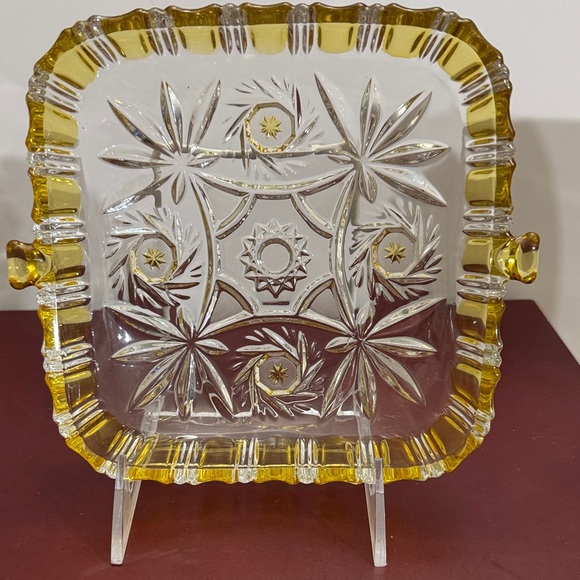 Other - Waltherglass Germany Cut Glass Square Nut Dish 1960s Pineapple Yellow